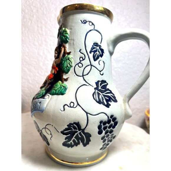 Vtg German Beer Stein Pitcher Gold Trim Embossed Original Thwalt Wein Aus Kuhlen - Picture 3 of 9